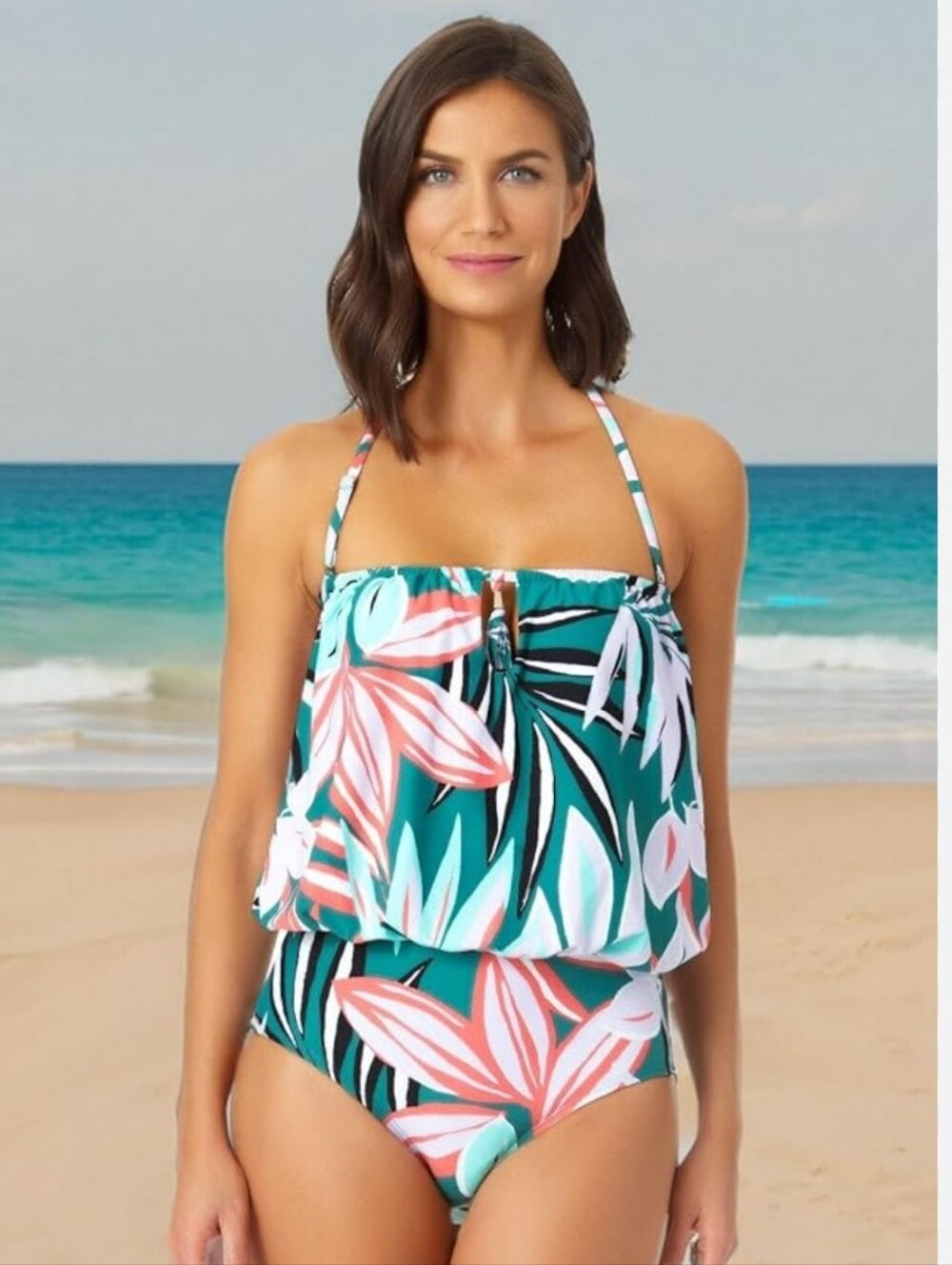Anne Cole Blouson Tropical Leaf Print One-Piece Swimsuit - Green & Coral Size 12